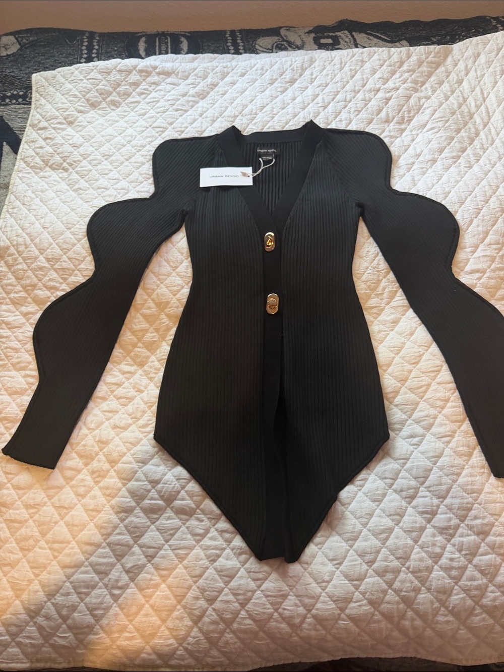 Unlabeled Black Ribbed Button-Front Bodysuit with Sculpted Sleeves